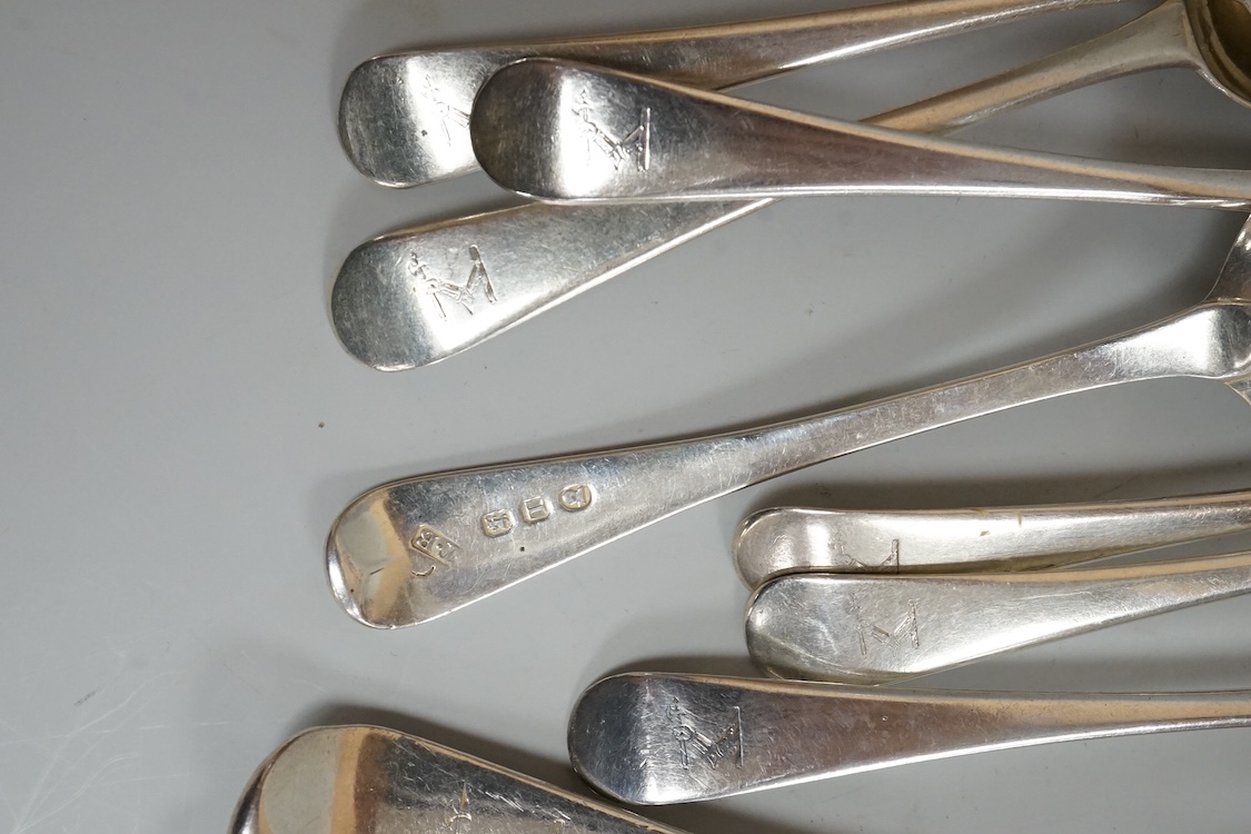 A harlequin part canteen of 19th century Old English pattern flatware, comprising thirty items, all with engraved crest, various dates and makers, 38.1oz.